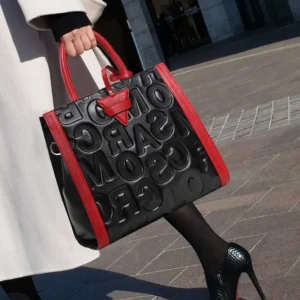 Genuine leather, color-blended vertical stripe letter triangle tote handbag, large capacity, cross-body shoulder bag