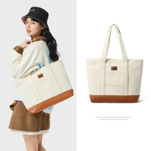 LEE Unisex Utility Canvas Leather Zipper Tote Bag Casual Denim Daily Shopping Handbag Women Man Durable Student School Book Bag