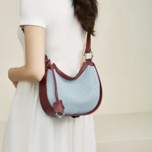 FOXER Women's Denim+ Leather Shoulder Bag Half-moon Crossbody Bag Fashion Lady Small Fashion Handbag with Adjustable Strap