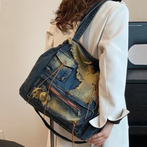 Denim Y2k Womens Shoulder Bag Vintage Washed Distressed Fashion female Messenger Bag Large Capacity ladies Handbag Sac totes