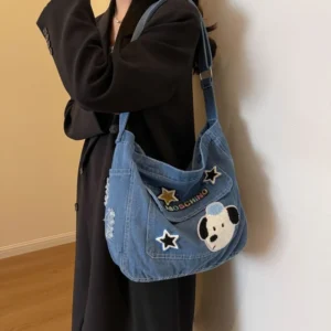 Korean Version Cartoon Embroidered Washed Denim Bag for Students One Shoulder Crossbody Tote Bag, Casual and Simple Women's Bag