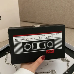 Rectangular PU Crossbody Bag with Retro Cassette Tape Print and Chain Strap