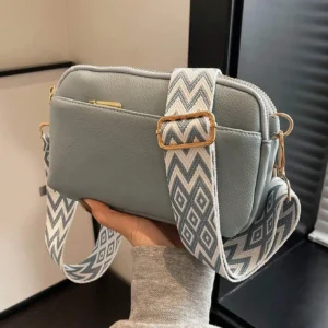 Light Gray PU Crossbody Bag with Geometric Woven Strap, Casual Women's Handbag