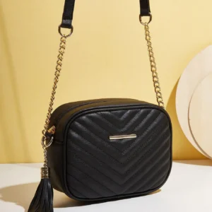 Black Quilted Chevron Crossbody Bag with Gold Chain Strap and Tassel